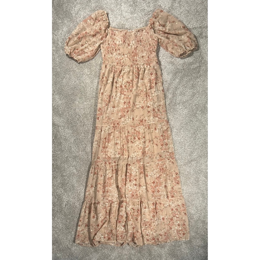 Smocked Puff-Sleeve Maxi Dress in Blush Floral